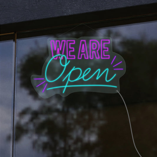 An inviting 'We Are Open' Neon Sign, perfect for storefronts, businesses, and creating a welcoming ambiance