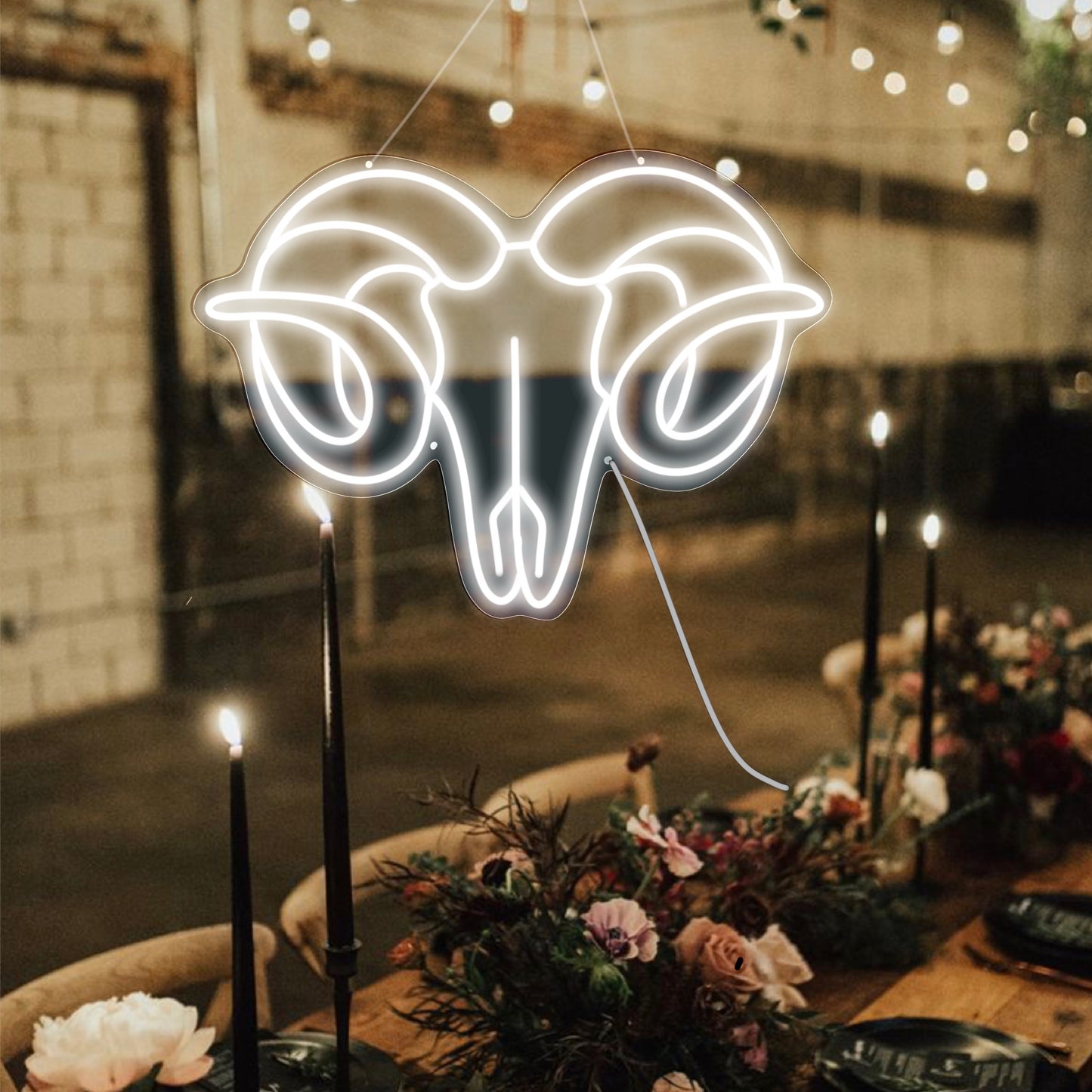  A distinctive Ramskull Neon Sign, ideal for Western Gothic weddings and vintage Americana themes