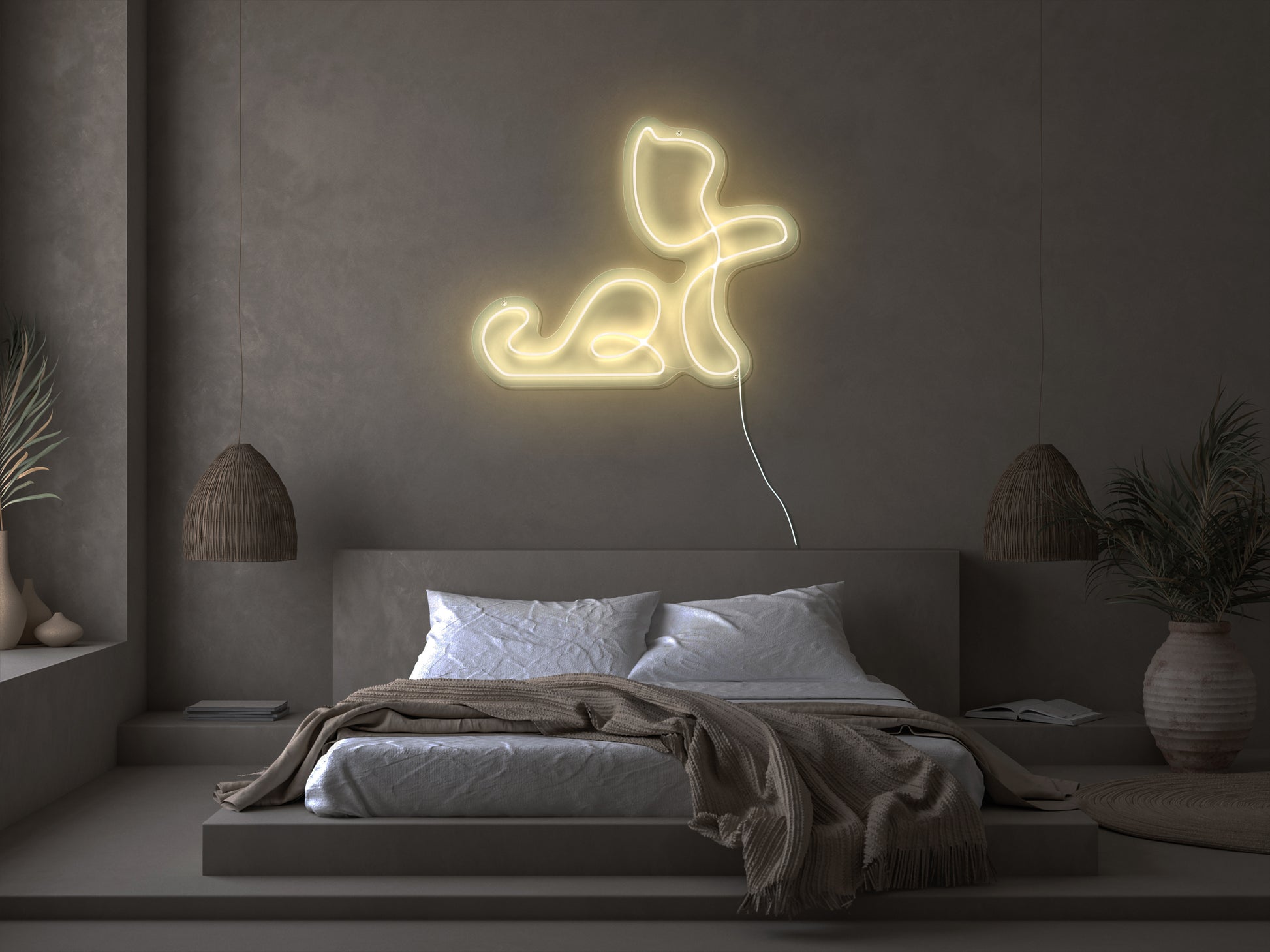A bright neon sign of a cat, with a silhouette of a feline in black with bright neon pink and blue fur, illuminating a dimly lit room, perfect for a cat lover or pet-themed party
