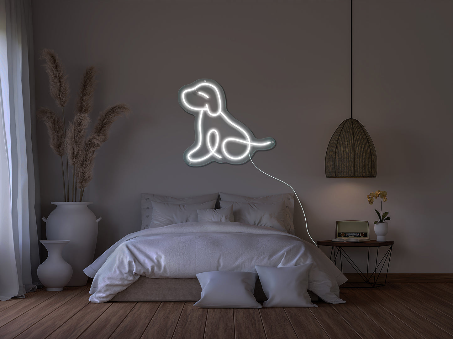 "A white neon sign of a dog, with a silhouette of a pooch in black with bright neon blue and green fur, illuminating a dimly lit room, perfect for a dog lover or pet-themed party