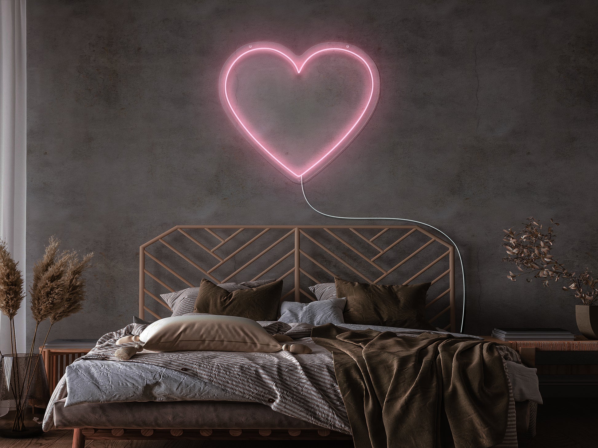 "A bright hot pink neon sign of a heart, illuminating a dimly lit room, perfect for romantic or love-themed decoration