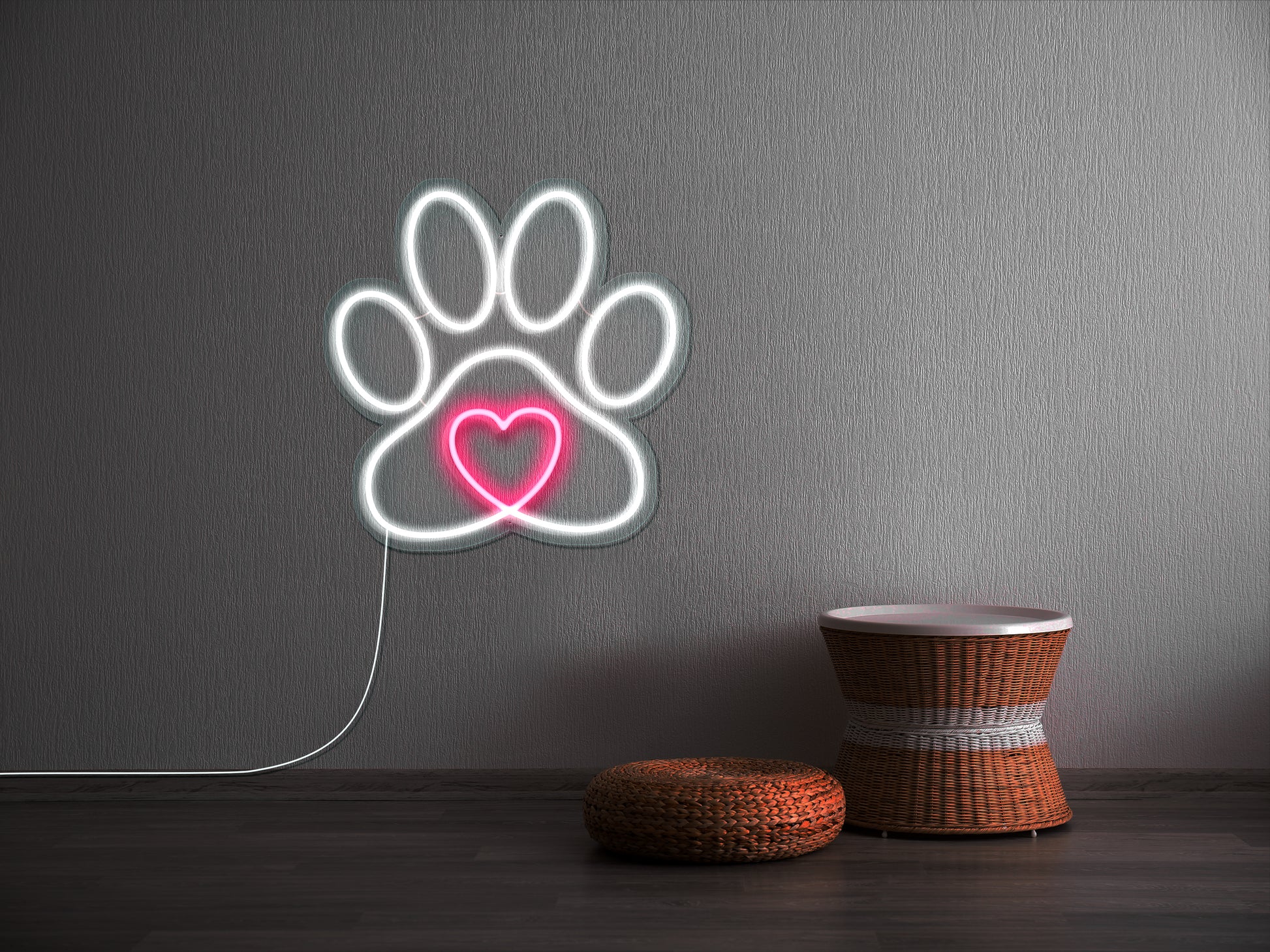 A bright neon sign of a paw print in the center of a red heart, illuminating a dimly lit room, perfect for a pet lover or animal-themed decoration.