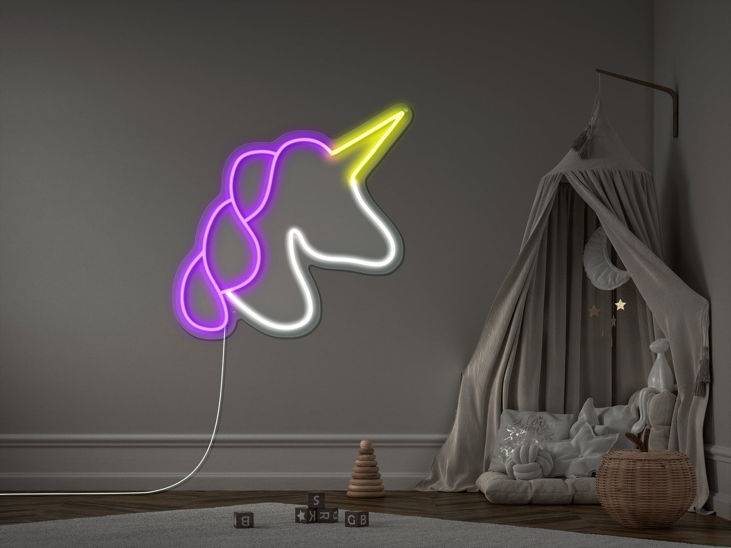 A colorful neon sign of a mythical unicorn with a long spiral horn and a mane of rainbow colors, illuminating a dimly lit room, perfect for a child's bedroom or a fantasy-themed party