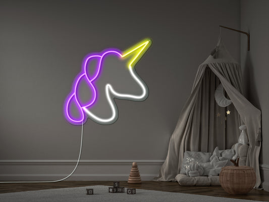 A colorful neon sign of a mythical unicorn with a long spiral horn and a mane of rainbow colors, illuminating a dimly lit room, perfect for a child's bedroom or a fantasy-themed party