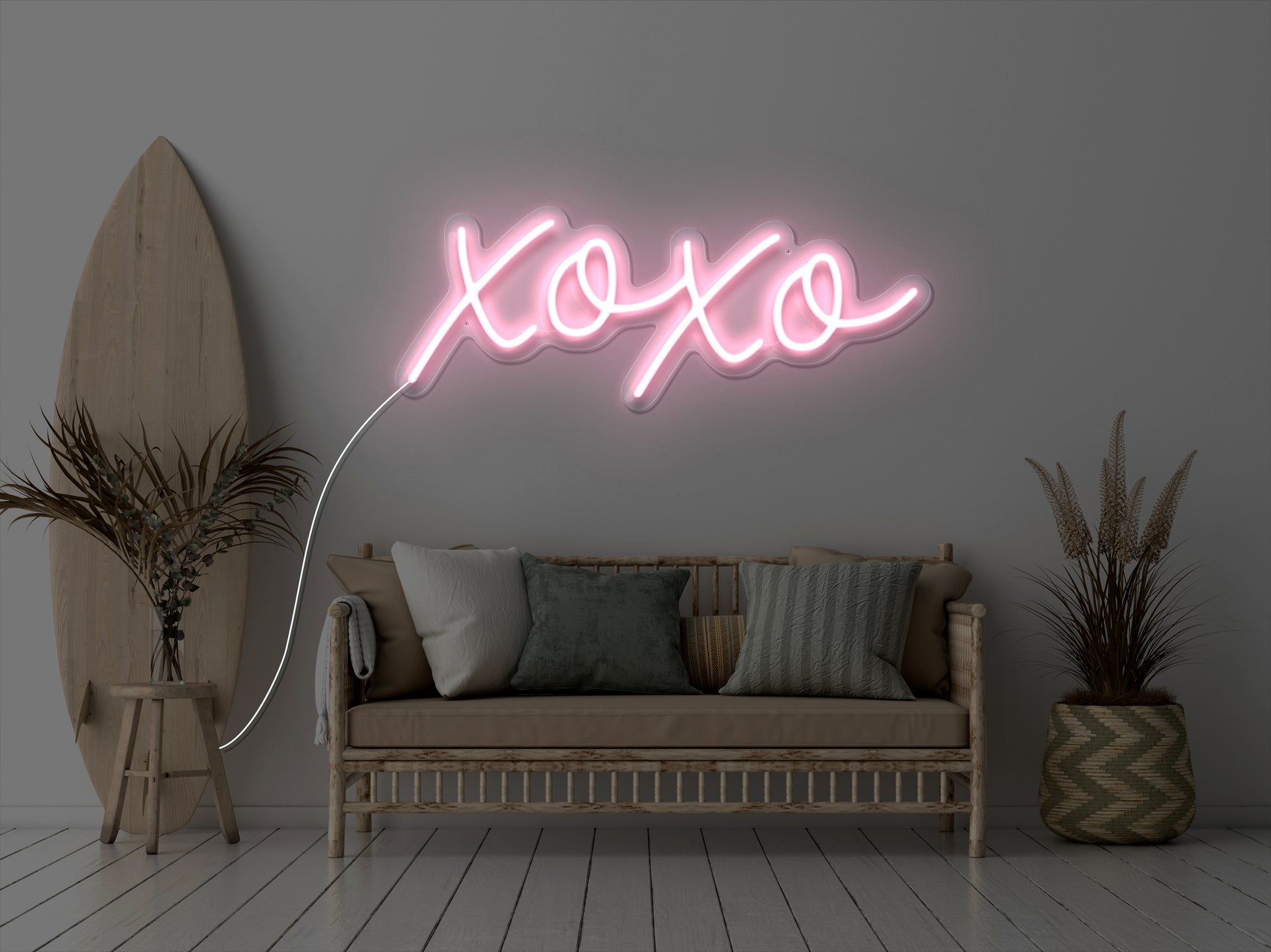 "A bright blue neon sign with the phrases "Kiss" and "Hug" written in bold letters, separated by a red heart symbol, illuminating a dimly lit room, perfect for a romantic or love-themed decoration