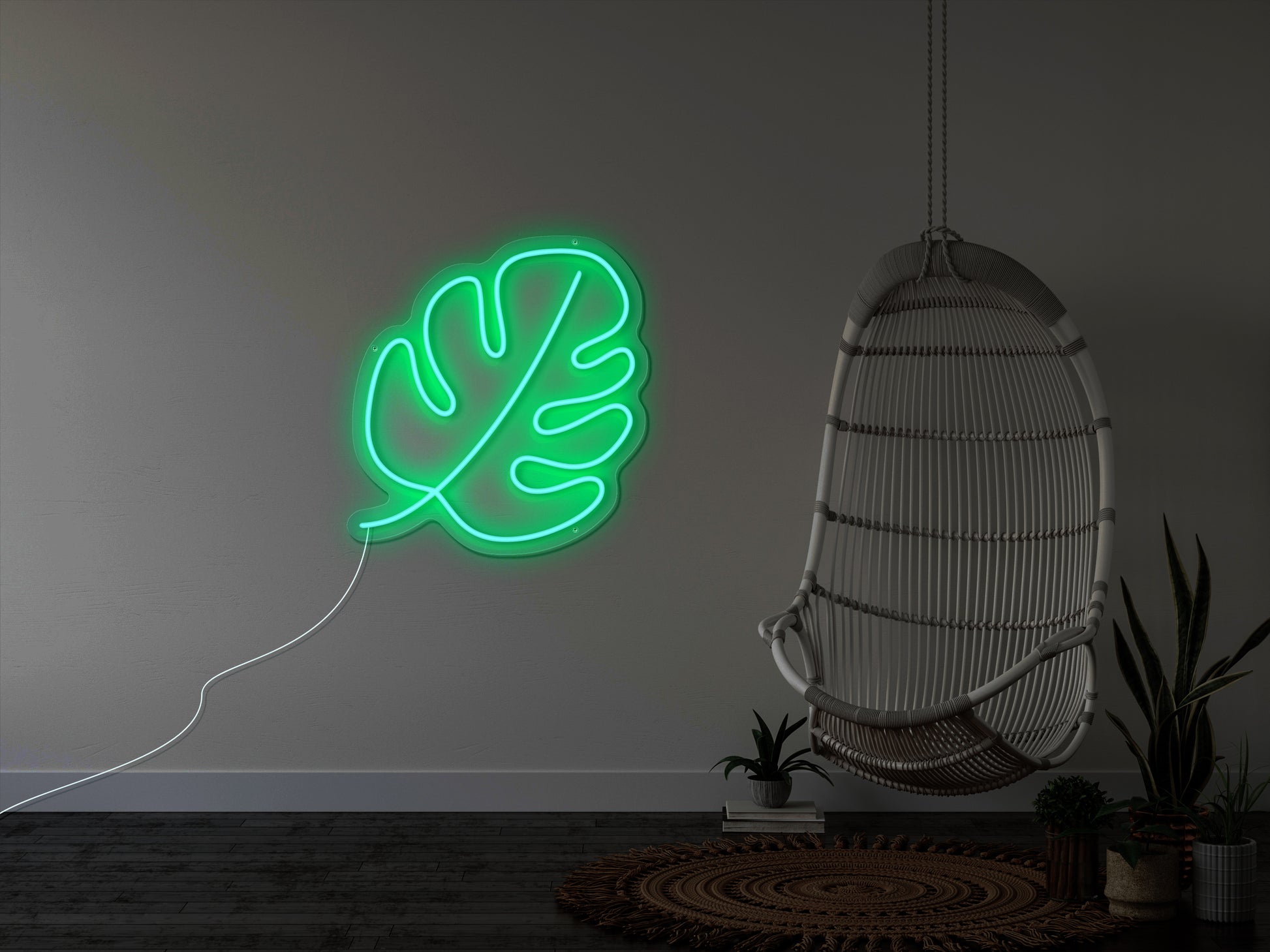 "A bright neon sign of a monstera leaf, with the leaves in green and the veins in yellow, illuminating a dimly lit room, perfect for a plant lover or tropical-themed decoration